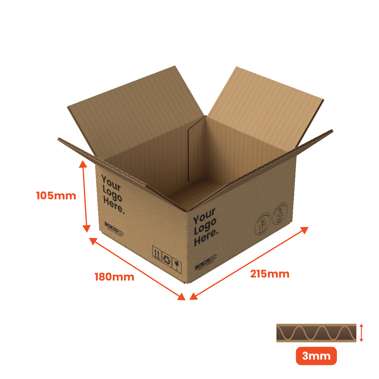 Single Wall Packing Box Brown - SW2 - 215 x 180 x 105mm - Custom Print - 1 Sided (Pack of 25)