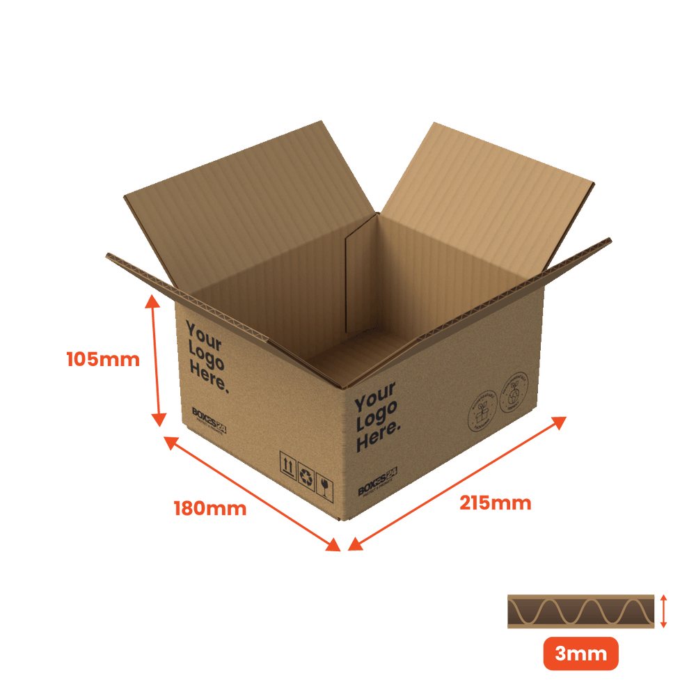 Single Wall Packing Box Brown - SW2 - 215 x 180 x 105mm - Custom Print - 1 Sided (Pack of 25) - Boxes 24