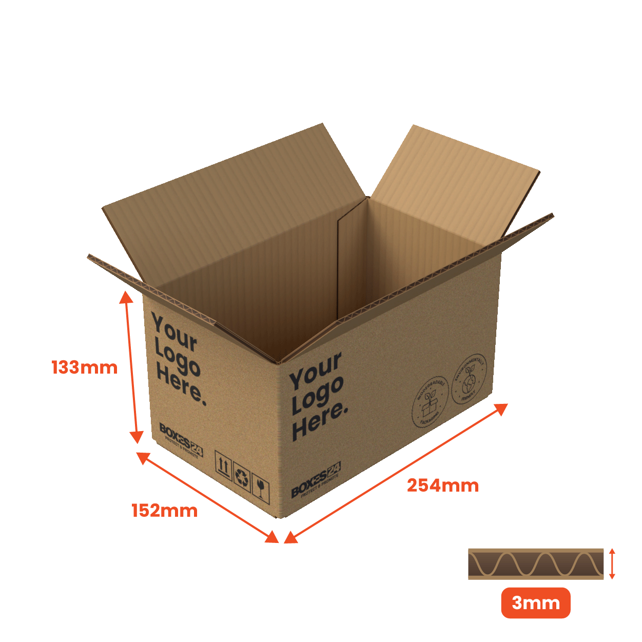 Single Wall Packing Box Brown - SW3 - 254 x 152 x 133mm - Custom Print - 1 Sided (Pack of 25)