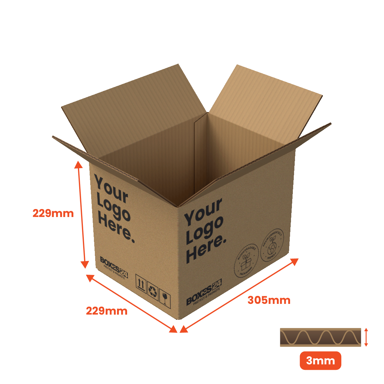 Single Wall Packing Box Brown - SW4 (A4) - 305 x 229 x 299mm - Custom Print - 1 Sided (Pack of 25)