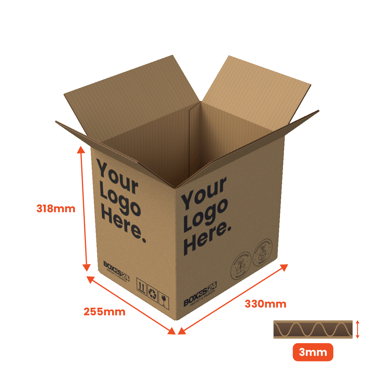 Single Wall Packing Box Brown - SW5 - 330 x 255 x 318mm - Custom Print - 1 Sided (Pack of 25) - Boxes 24