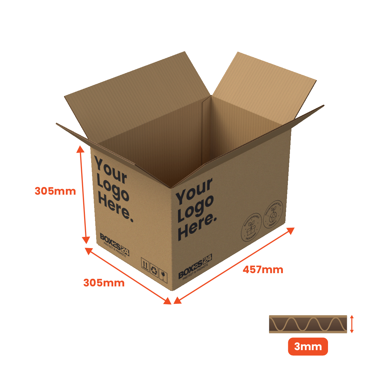 Single Wall Packing Box Brown - SW7 - 457 x 305 x 305mm - Custom Print - 1 Sided (Pack of 25)