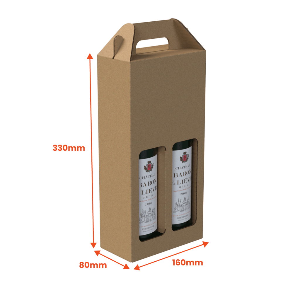 2 Bottle (750ml) Wine Carry Pack - Brown - 160 x 80 x 330mm (Pack of 25) - Boxes 24