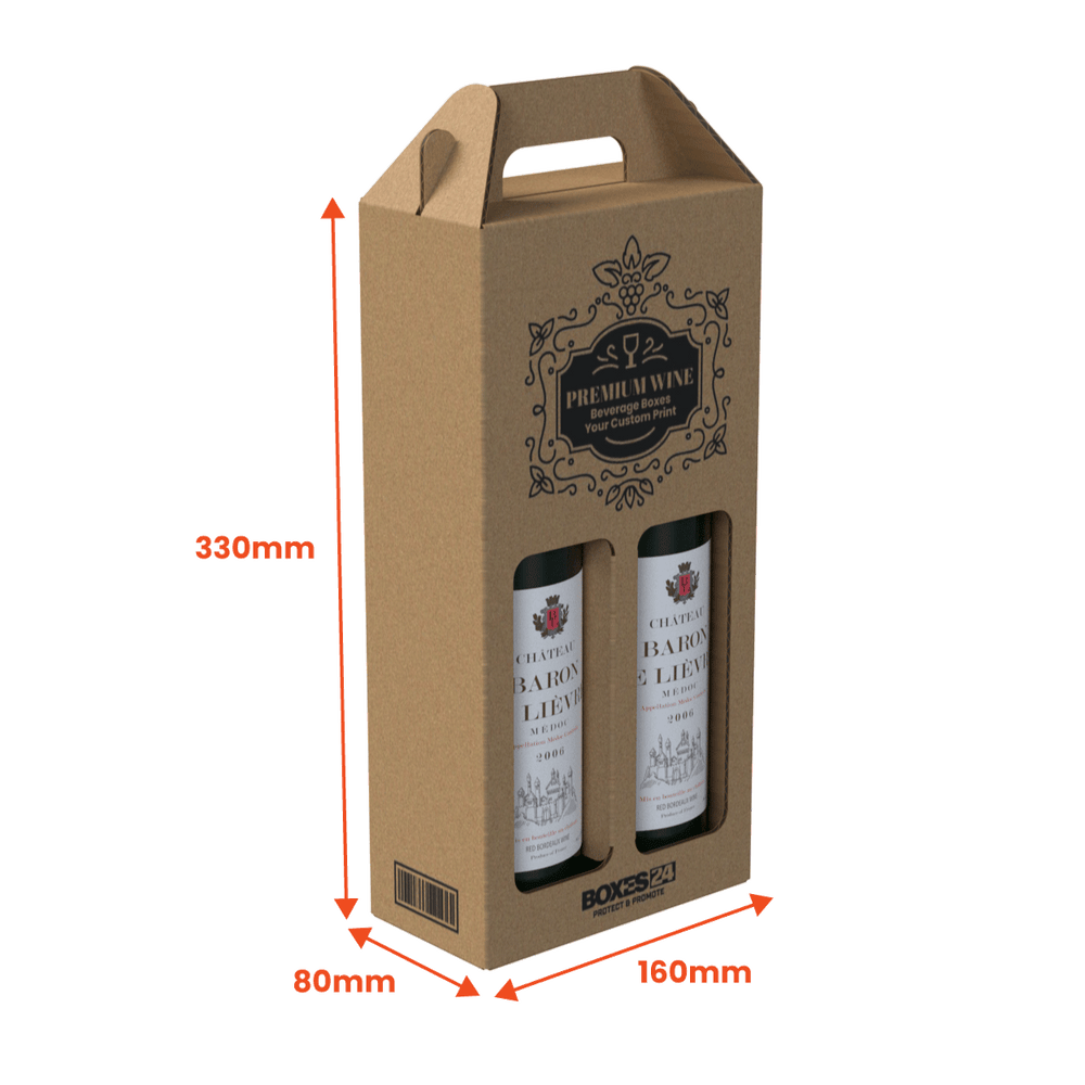2 Bottle (750ml) Wine Carry Pack - Brown - 160 x 80 x 330mm - Custom Print - 1 Sided (Pack of 25) - Boxes 24