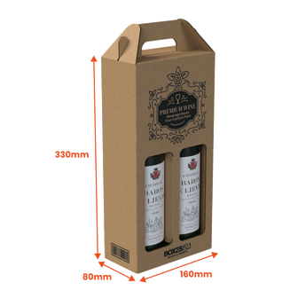 2 Bottle (750ml) Wine Carry Pack - Brown - 160 x 80 x 330mm - Custom Print - 1 Sided (Pack of 25) - Boxes 24
