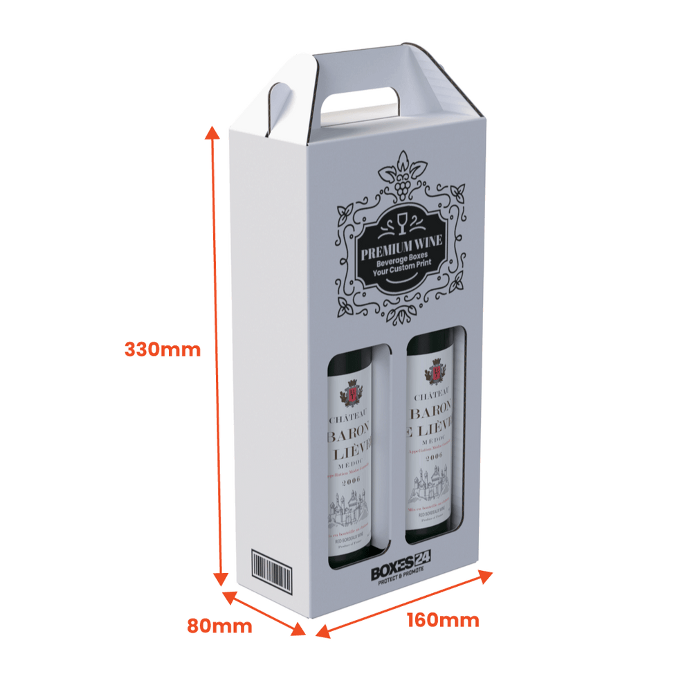 2 Bottle (750ml) Wine Carry Pack - White - 160 x 80 x 330mm - Custom Print - 1 Sided (Pack of 25) - Boxes 24