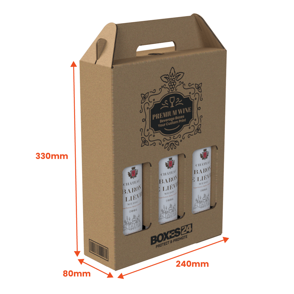 3 Bottle (750ml) Wine Carry Pack - Brown - 240 x 80 x 330mm - Custom Print - 1 Sided (Pack of 25) - Boxes 24