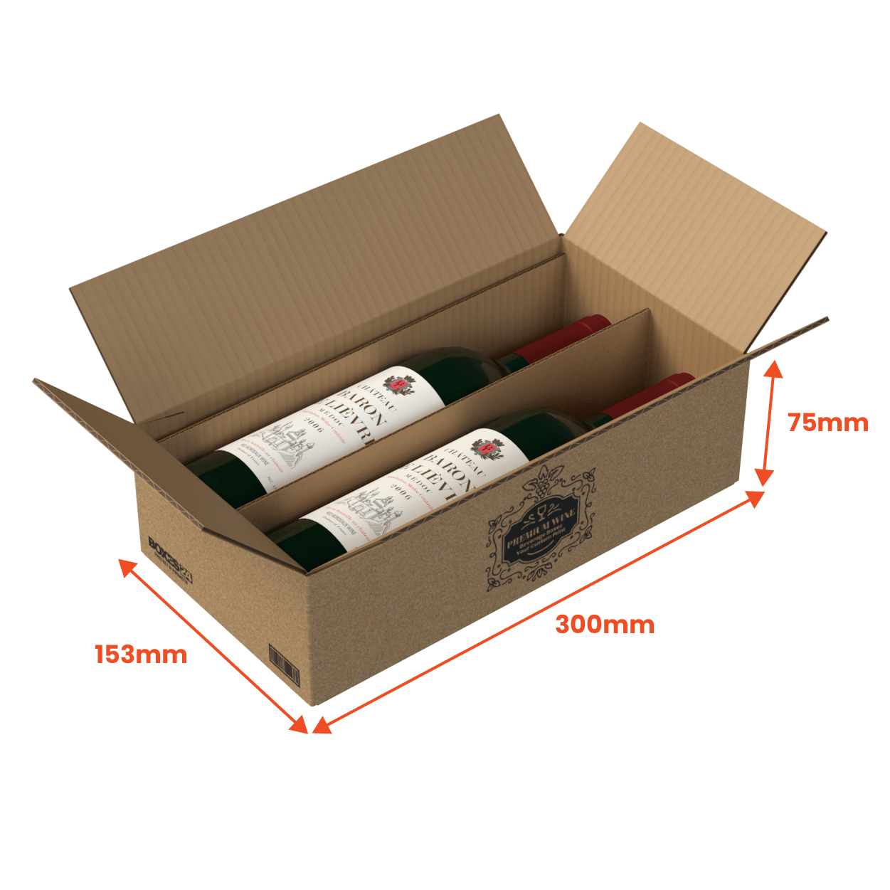 2 Bottle (750ml) Wine Shipper - Brown - 300 x 153 x 75mm - Custom Print - 1 Sided (Pack of 10)