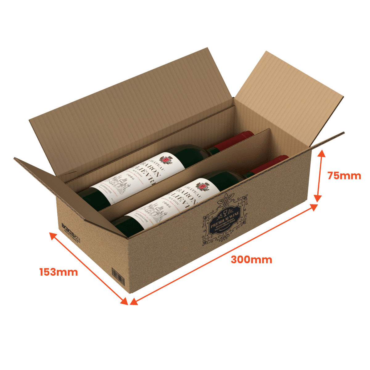 Boxes 24 Beverage Boxes 2 Bottle (750ml) Wine Shipper - Brown - 300 x 153 x 75mm - Custom Print - 1 Sided (Pack of 10)