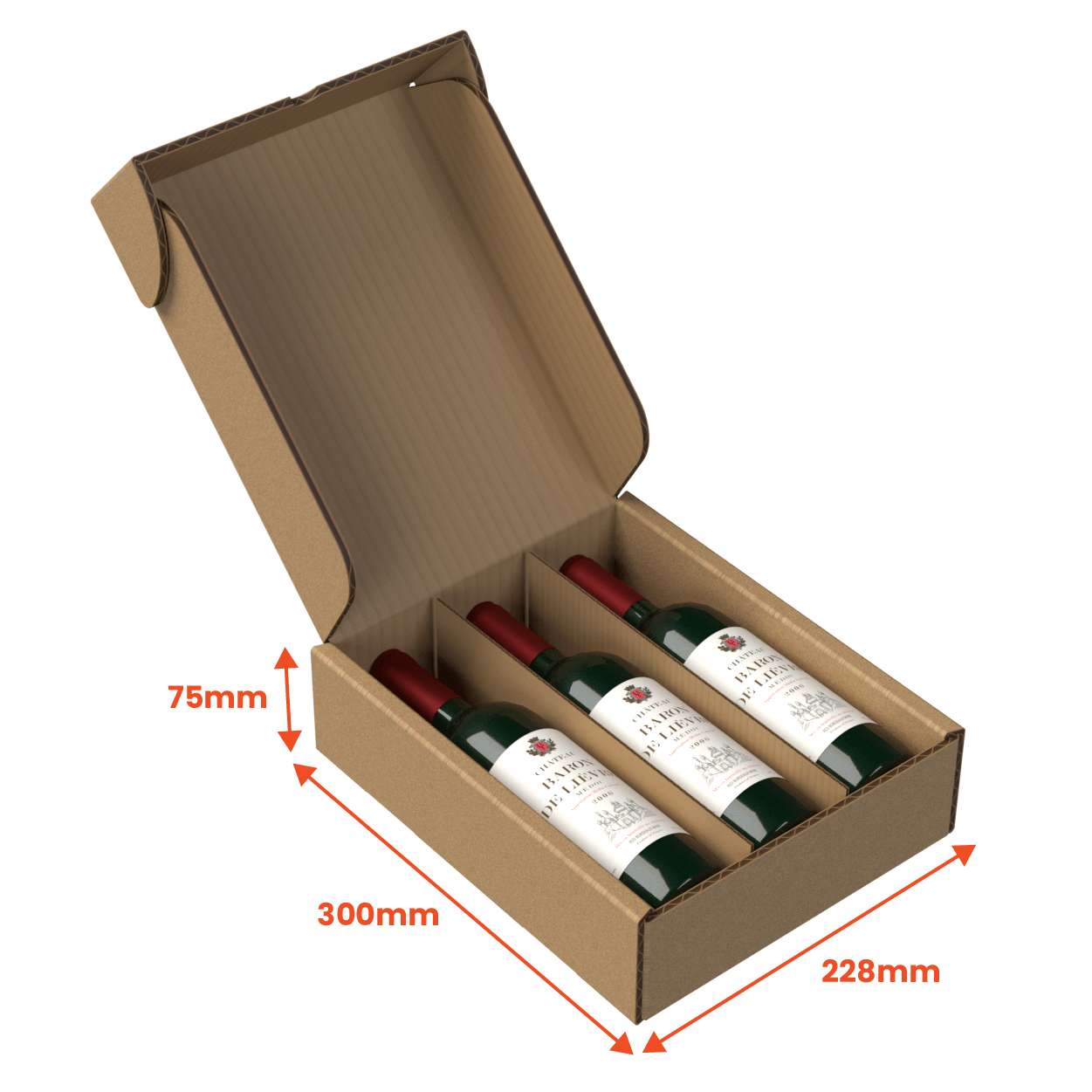 3 Bottle (750ml) Wine Lay Flat Box - Brown - 300 x 228 x 75mm (Pack of 25)