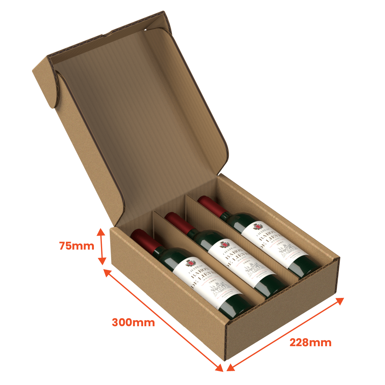 Boxes 24 Beverage Boxes 3 Bottle (750ml) Wine Lay Flat Box - Brown - 300 x 228 x 75mm (Pack of 25)