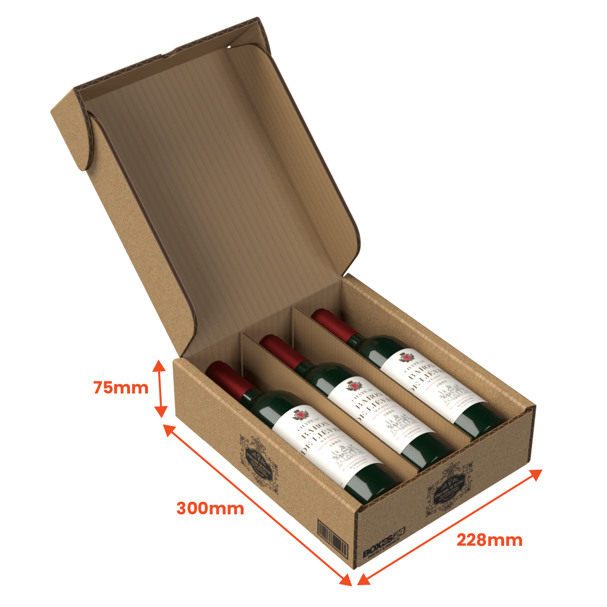 3 Bottle (750ml) Wine Lay Flat Box - Brown - 300 x 228 x 75mm - Custom Print - 1 Sided (Pack of 25) - Boxes 24