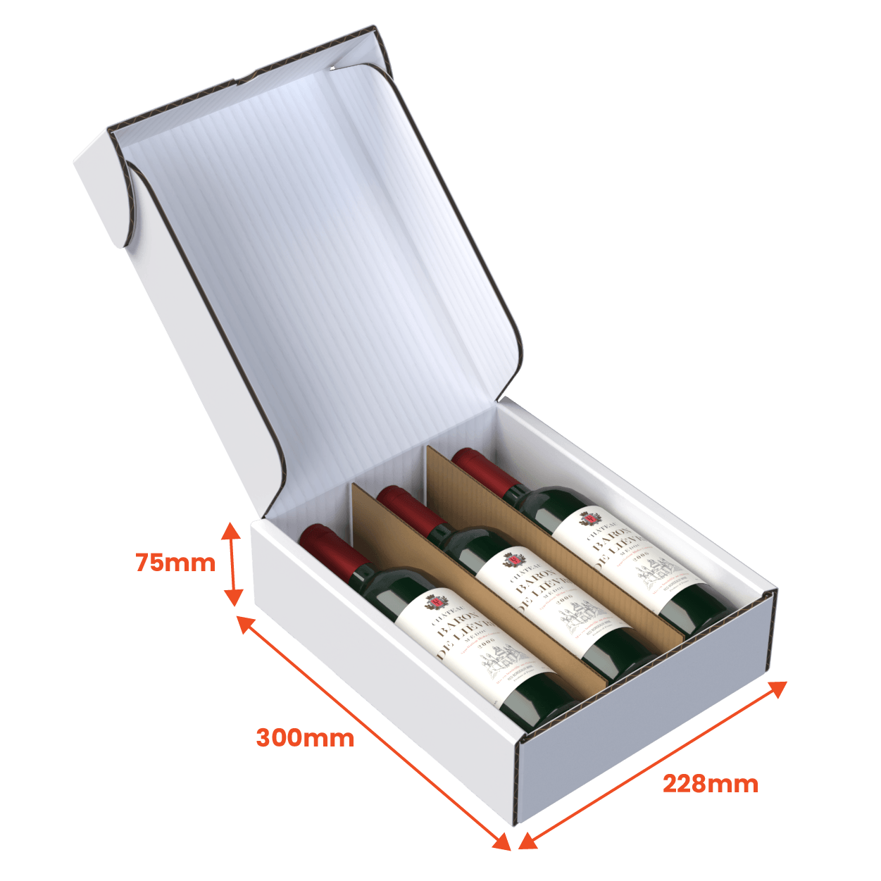 3 Bottle (750ml) Wine Lay Flat Box - White - 300 x 228 x 75mm (Pack of 25) - Boxes 24