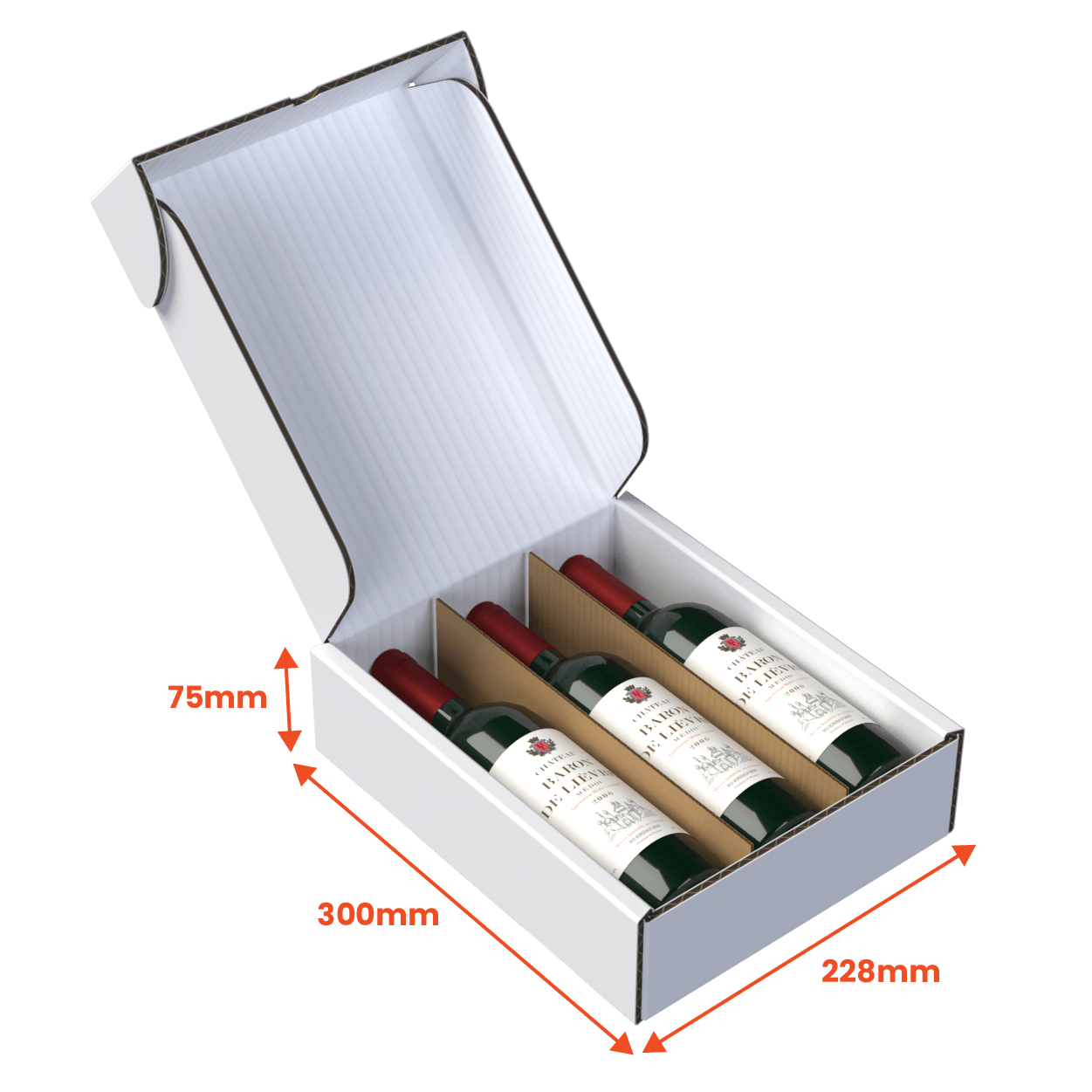 Boxes 24 Beverage Boxes 3 Bottle (750ml) Wine Lay Flat Box - White - 300 x 228 x 75mm (Pack of 25)