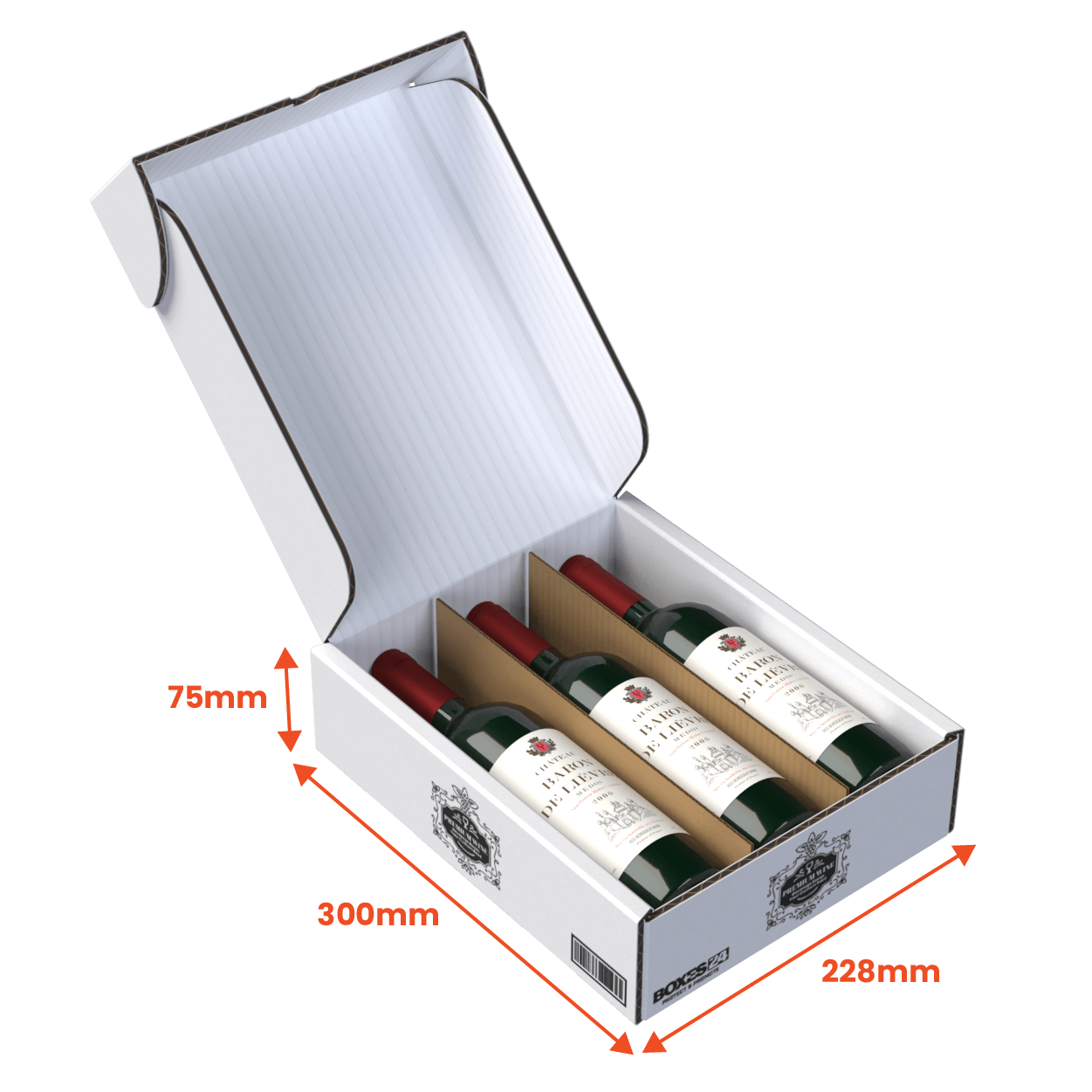 3 Bottle (750ml) Wine Lay Flat Box - White - 300 x 228 x 75mm - Custom Print - 1 Sided (Pack of 25)