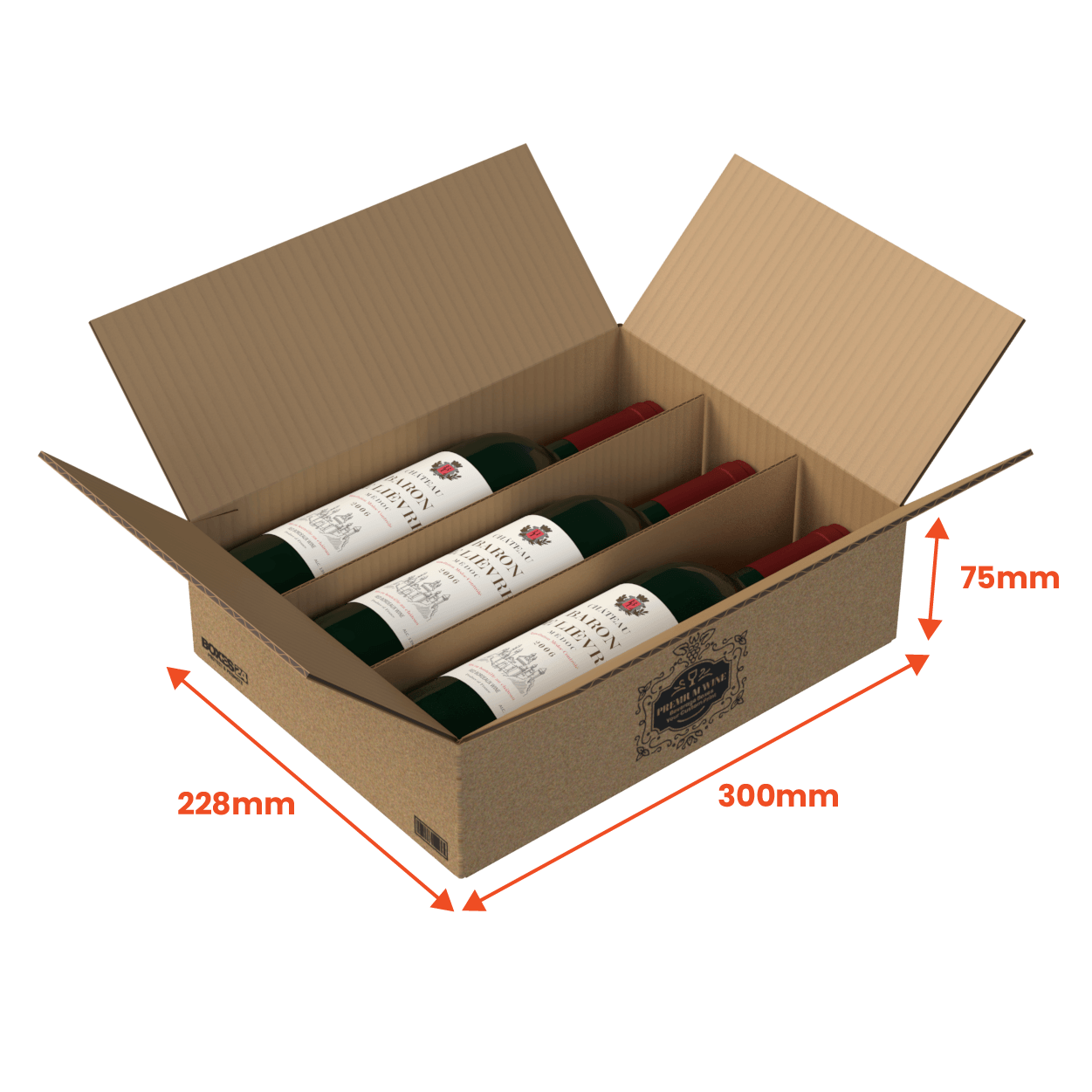 3 Bottle (750ml) Wine Shipper - Brown - 300 x 228 x 75mm - Custom Print - 1 Sided (Pack of 10)