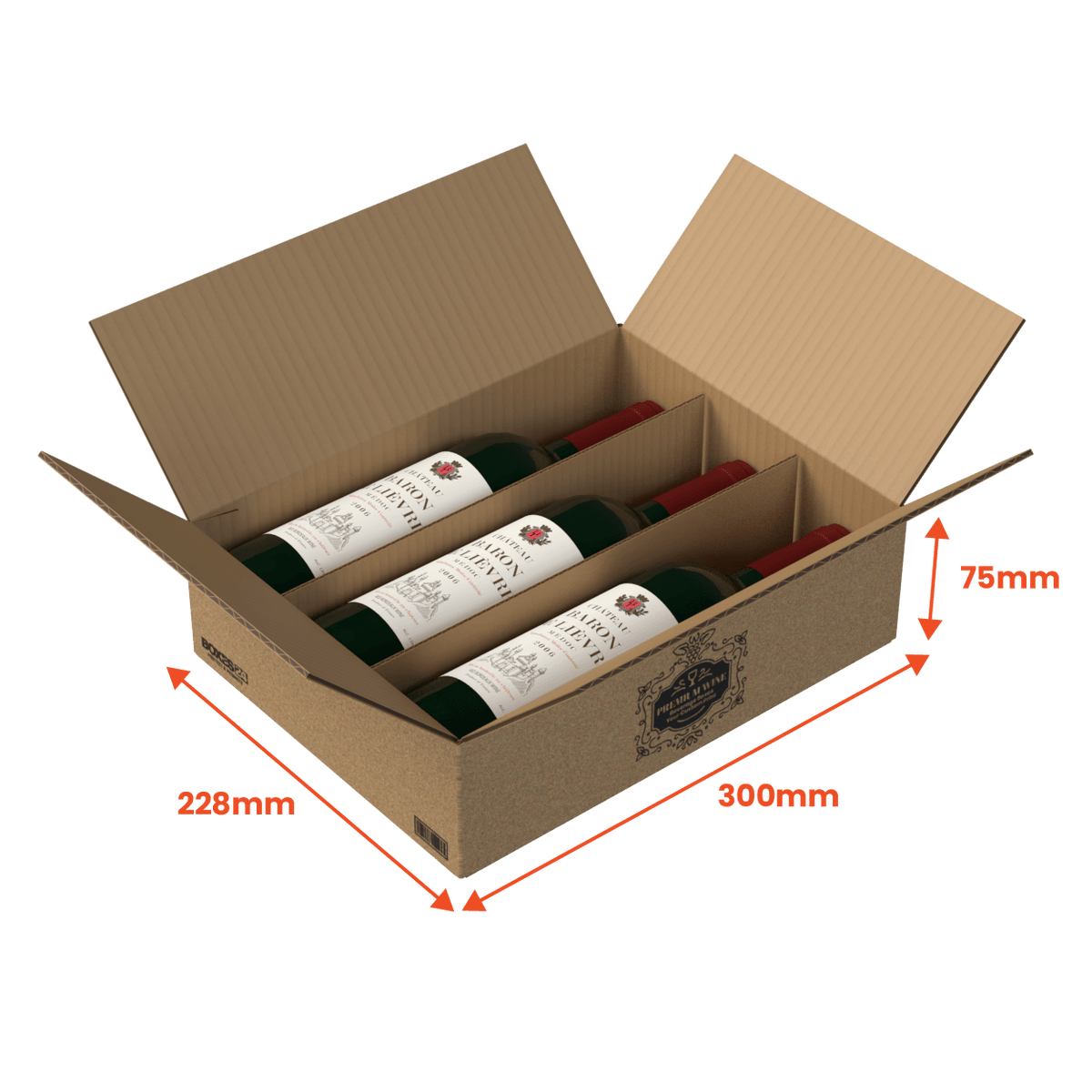 Boxes 24 Beverage Boxes 3 Bottle (750ml) Wine Shipper - Brown - 300 x 228 x 75mm - Custom Print - 1 Sided (Pack of 10)