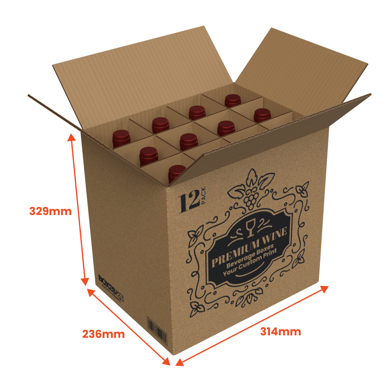 12 Bottle Generic Box - Brown - 314 x 236 x 329mm - Custom Print - 1 Sided (Pack of 25)