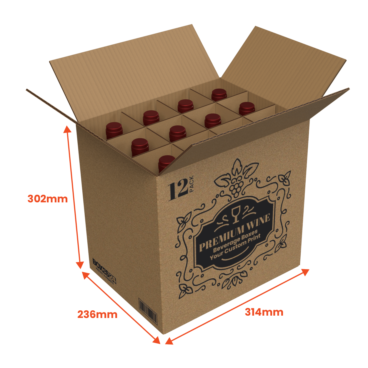 12 Bottle Generic Box - Brown - 314 x 236 x 302mm - Custom Print - 1 Sided (Pack of 25)