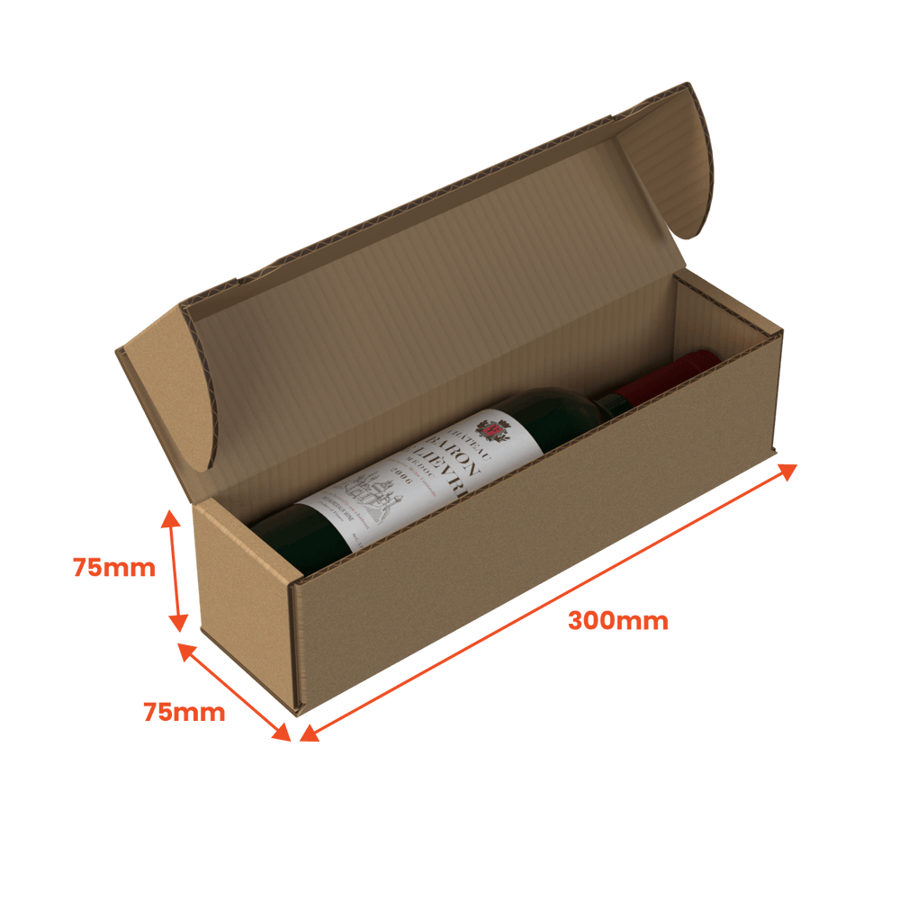 1 Bottle Wine (750ml) Lay Flat Box - Brown - 300 x 75 x 75mm (Pack of 25) - Boxes 24