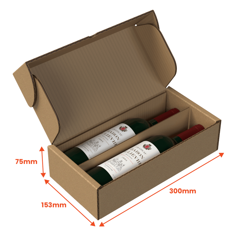 2 Bottle (750ml) Wine Lay Flat Box - Brown - 300 x 153 x 75mm (Pack of 25) - Boxes 24