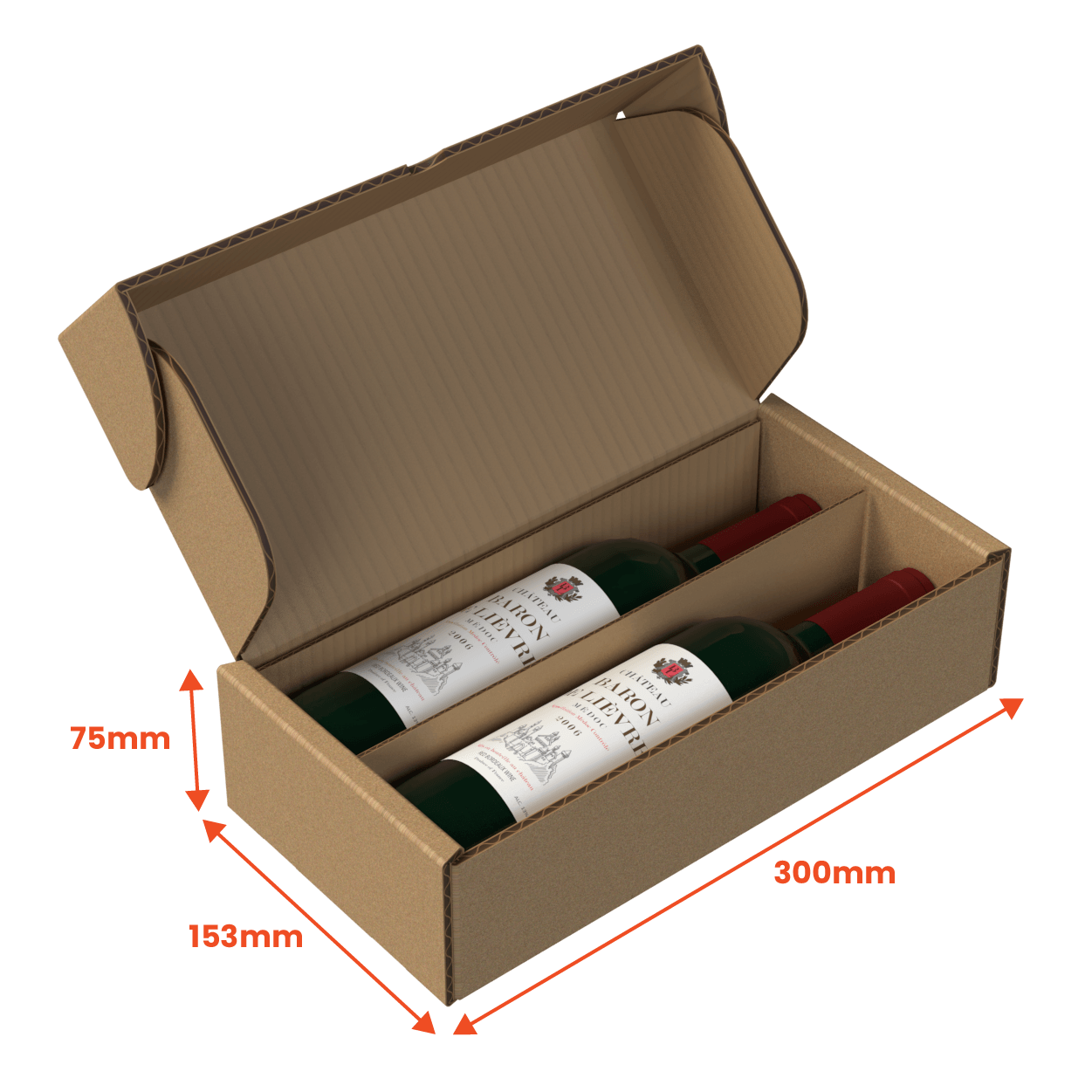 Boxes 24 Beverage Boxes 2 Bottle (750ml) Wine Lay Flat Box - Brown - 300 x 153 x 75mm (Pack of 25)
