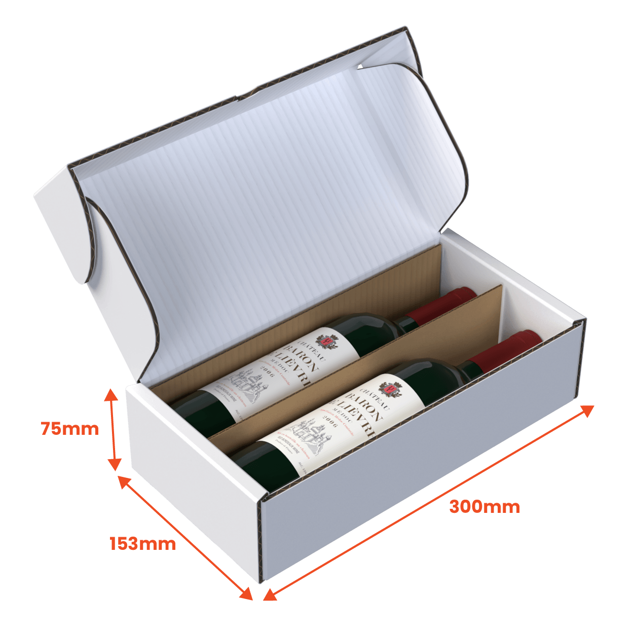 Boxes 24 Beverage Boxes 2 Bottle (750ml) Wine Lay Flat Box - White - 300 x 153 x 75mm (Pack of 25)
