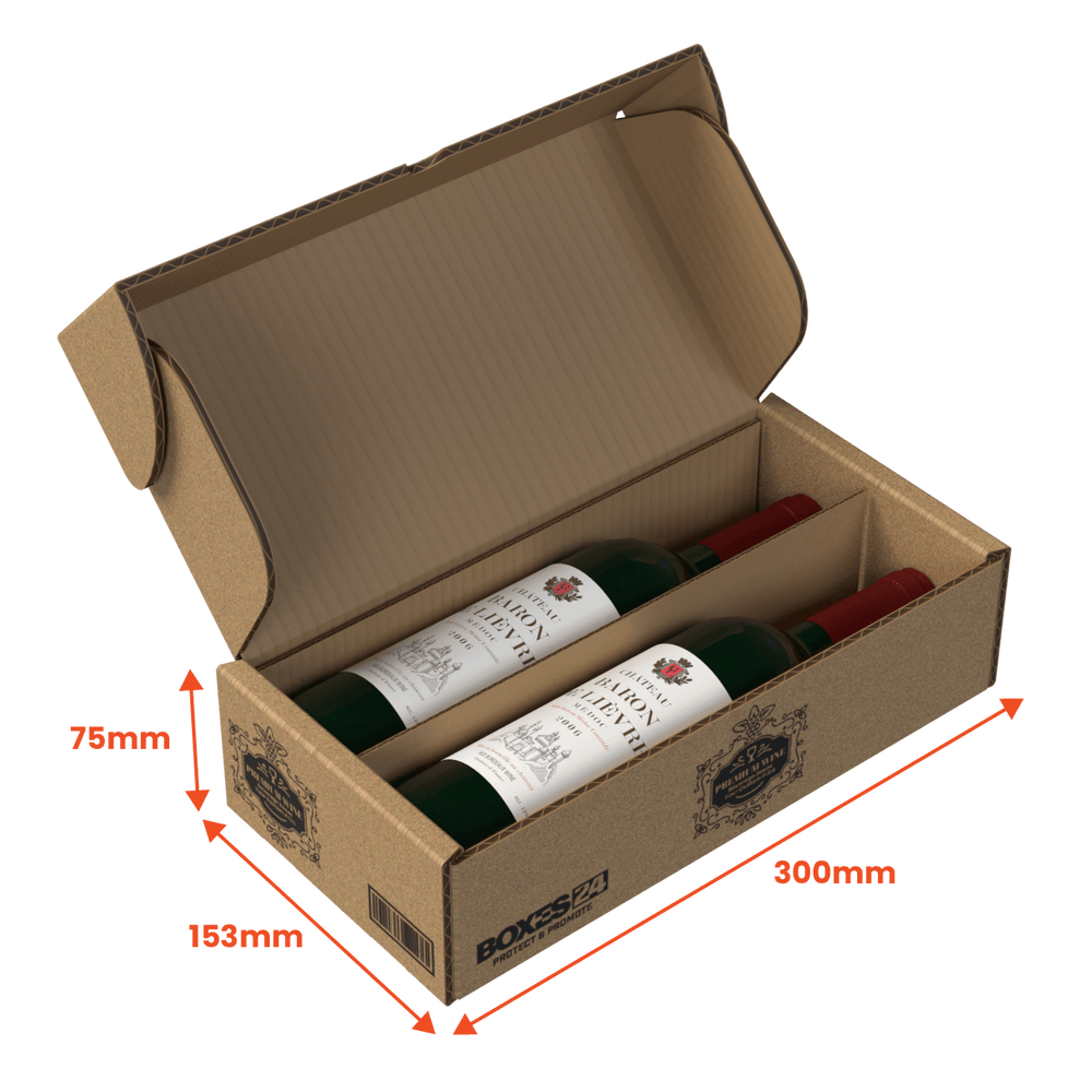 2 Bottle (750ml) Wine Lay Flat Box - Brown - 300 x 153 x 75mm - Custom Print - 1 Sided (Pack of 25) - Boxes 24