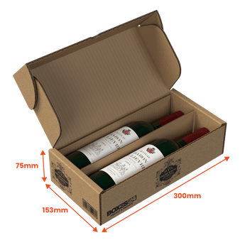 2 Bottle (750ml) Wine Lay Flat Box - Brown - 300 x 153 x 75mm - Custom Print - 1 Sided (Pack of 25) - Boxes 24