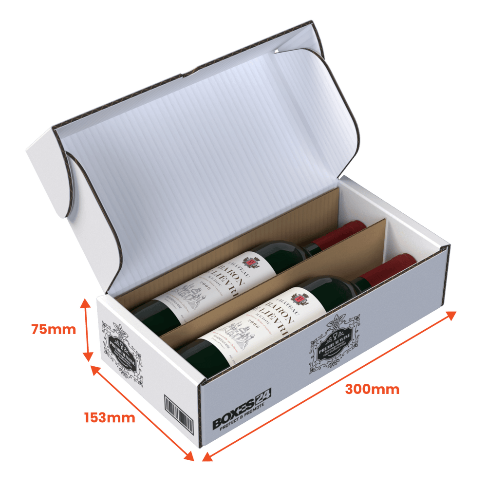2 Bottle (750ml) Wine Lay Flat Box - White - 300 x 153 x 75mm - Custom Print - 1 Sided (Pack of 25) - Boxes 24