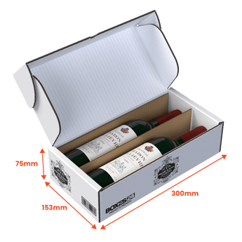 2 Bottle (750ml) Wine Lay Flat Box - White - 300 x 153 x 75mm - Custom Print - 1 Sided (Pack of 25) - Boxes 24