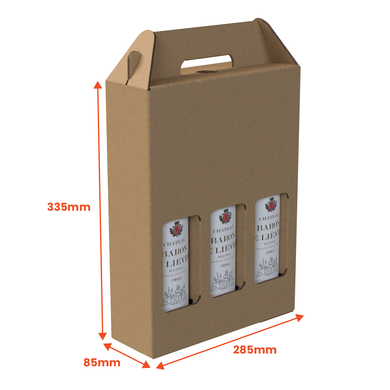 3 Bottle (750ml) Wine Carry Pack - Brown - 285 x 85 x 335mm (Pack of 25) - Boxes 24