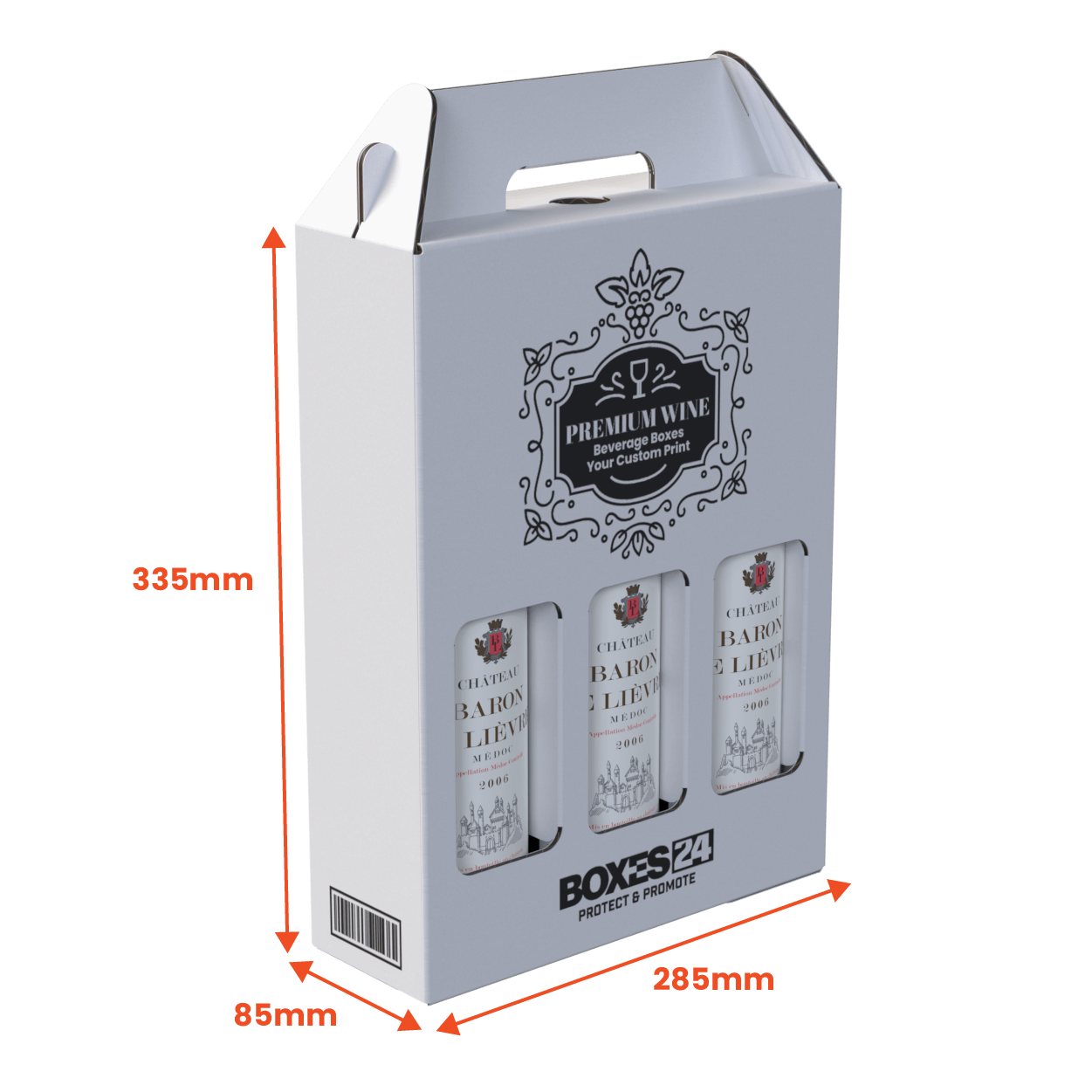 3 Bottle (750ml) Wine Carry Pack - White - 285 x 85 x 335mm - Custom Print - 1 Sided (Pack of 25) - Boxes 24