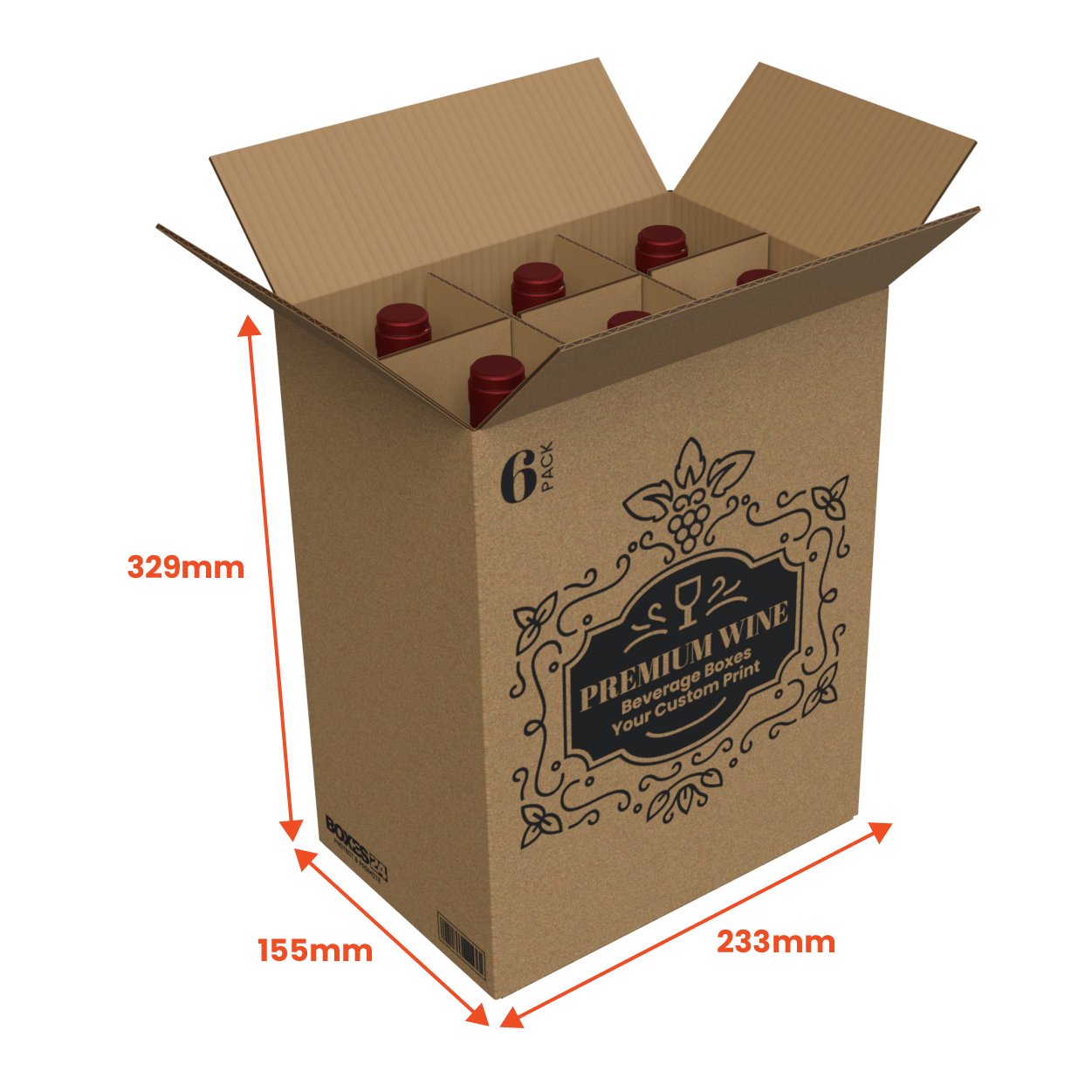 6 Bottle Generic Box - Brown - 233 x 155 x 329mm - Custom Print - 1 Sided (Pack of 25)