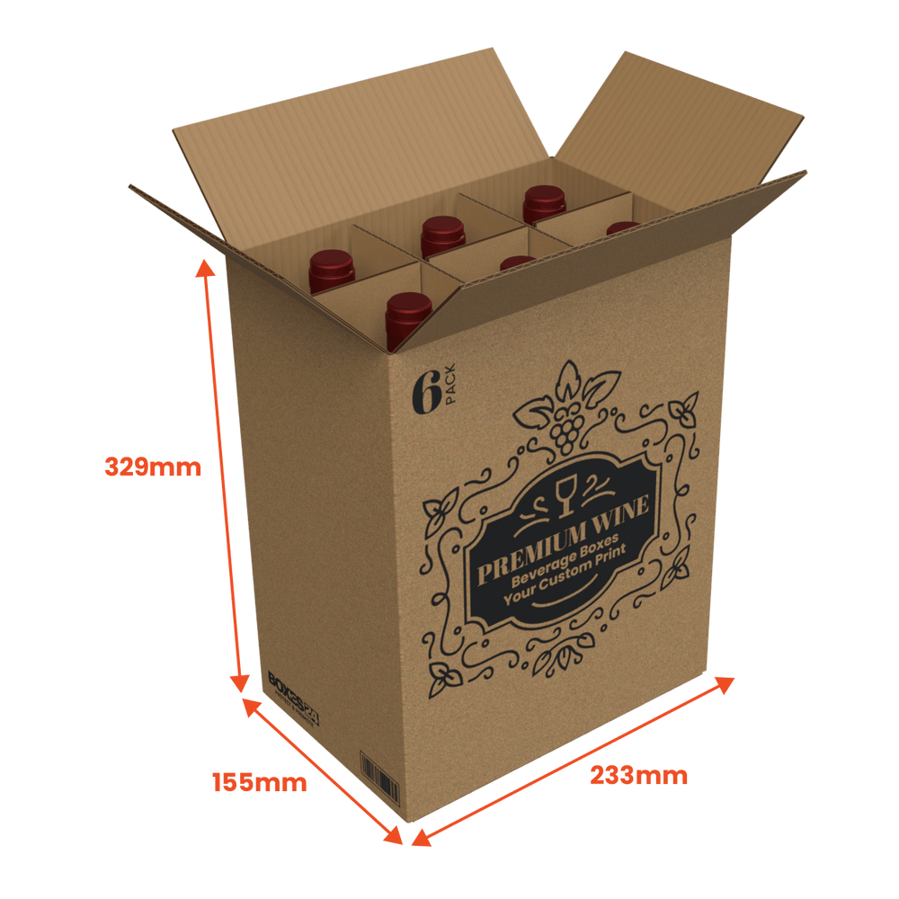6 Bottle Generic Box - Brown - 233 x 155 x 329mm - Custom Print - 1 Sided (Pack of 25) - Boxes 24
