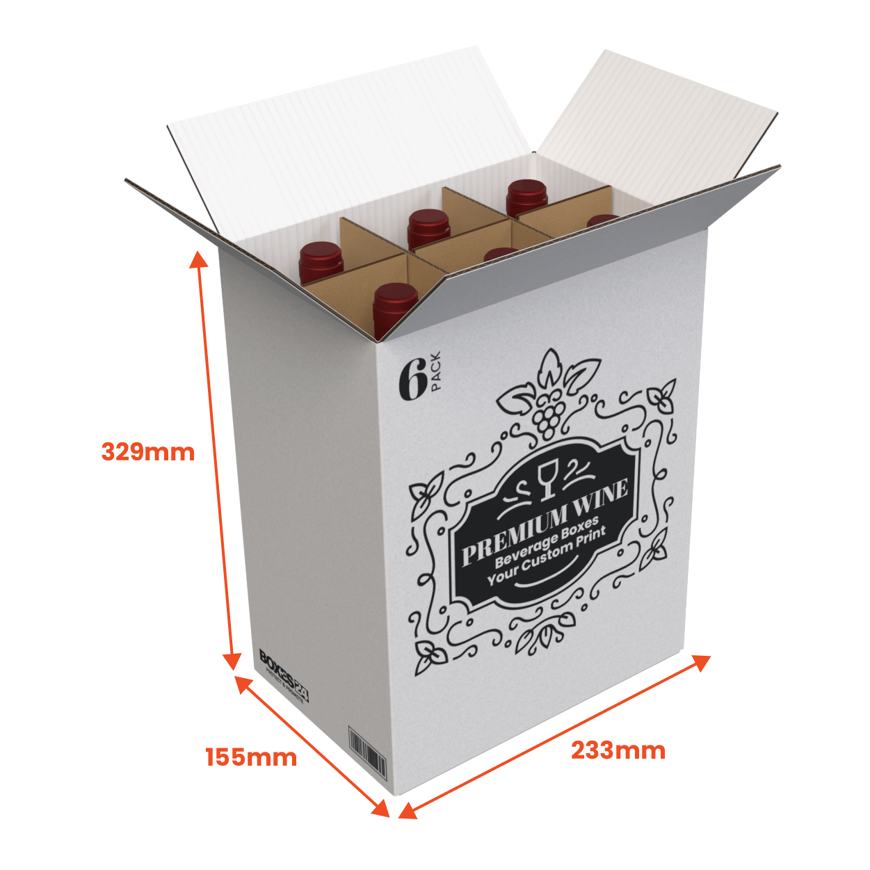 6 Bottle Generic Box - White - 233 x 155 x 329mm - Custom Print - 1 Sided (Pack of 25)