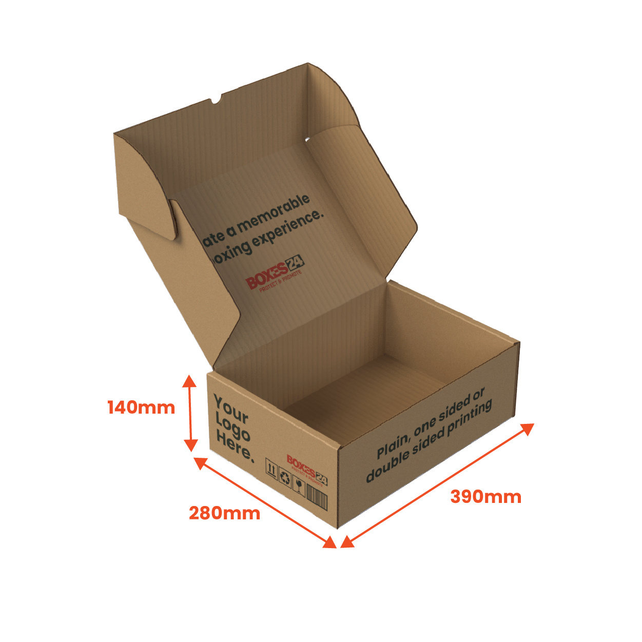 Large Mailing Box - Custom Print 2 Sided - Brown - 390 x 280 x 140mm (Pack of 25) - Boxes 24