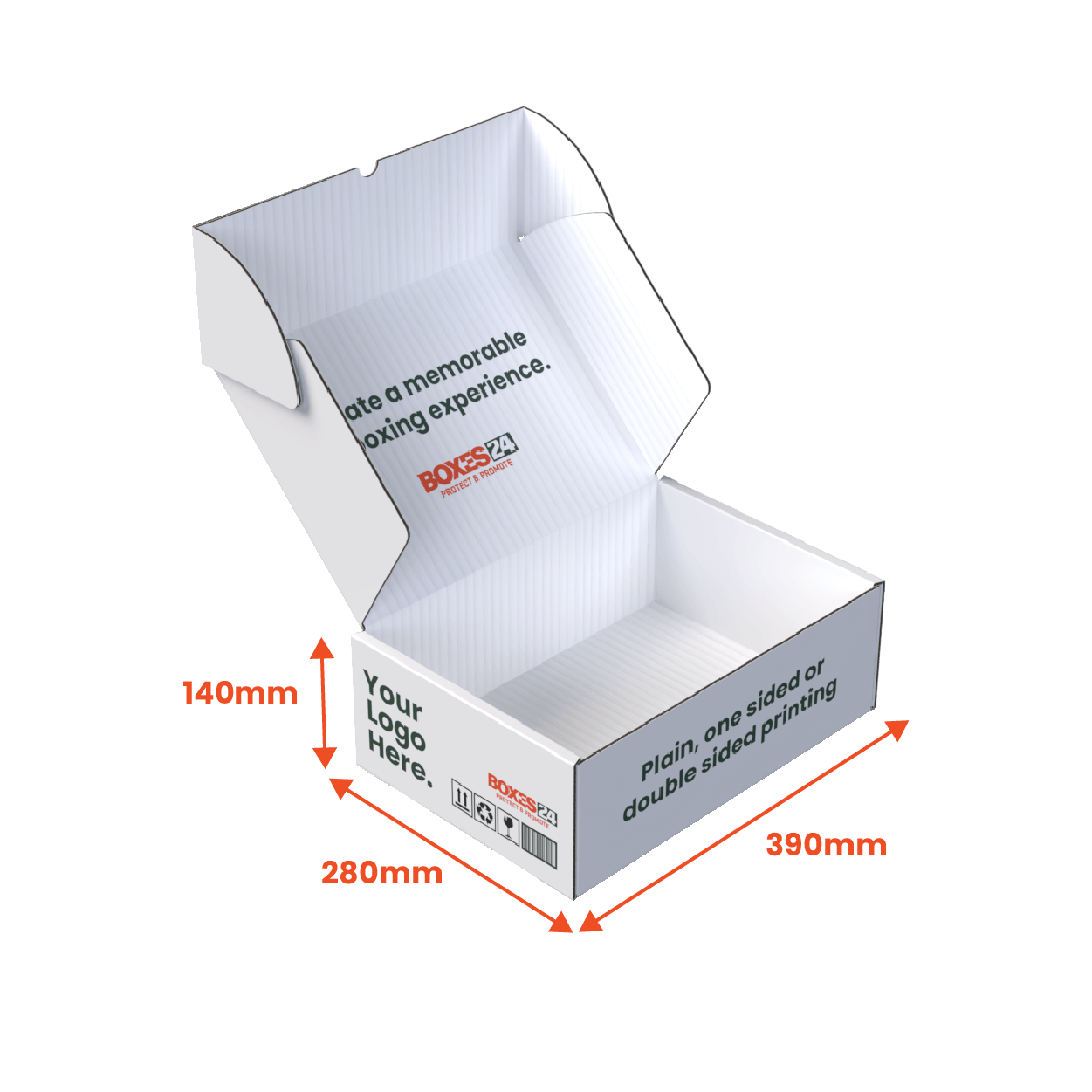 Large Mailing Box - Custom Print 2 Sided - White - 390 x 280 x 140mm (Pack of 25) - Boxes 24