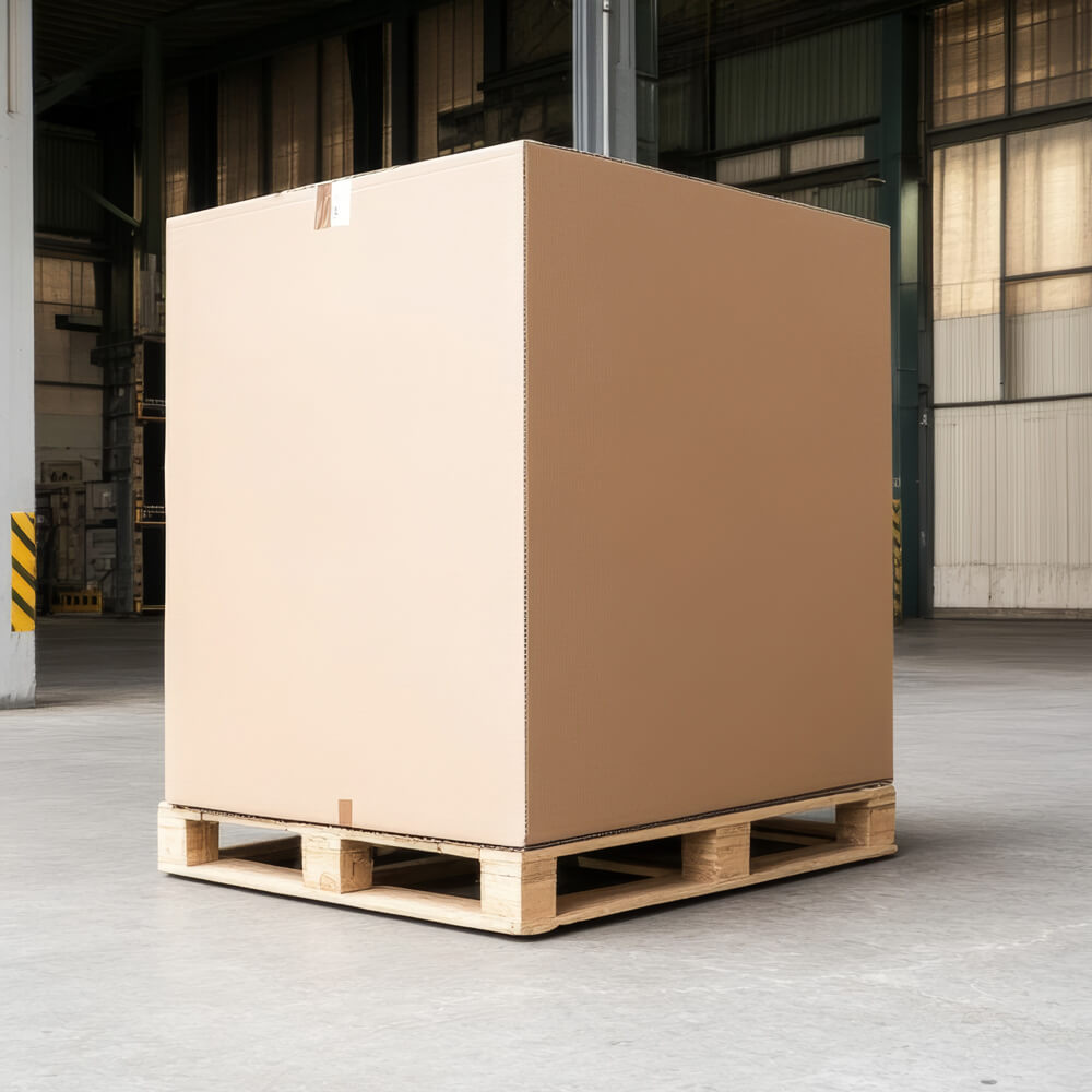 Large cardboard box on a pallet in an industrial setting