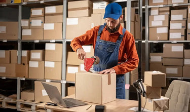 Worker packaging a box in a warehouse setting with shelves of boxes and a laptop on a table.