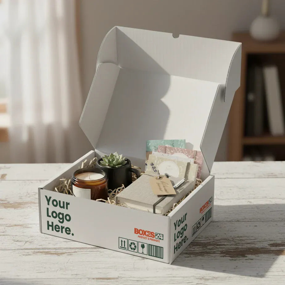 Boxes 24 Mailing Boxes Small Mailing Box - Custom Print 1 Sided - White - 220 x 160 x 70mm (Pack of 25)