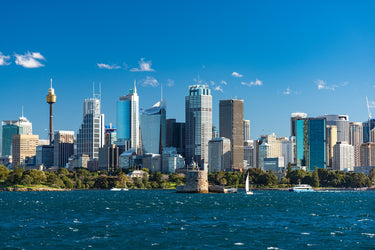 Sydney skyline with modern buildings and a clear blue sky